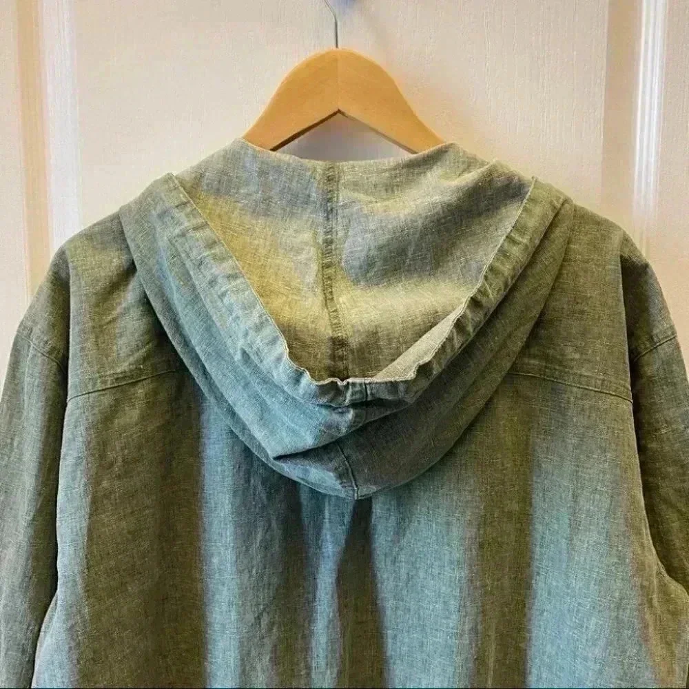 Avon Linen Jacket Cropped Lightweight Spring Fall Hood Olive Green Large - Picture 9 of 16